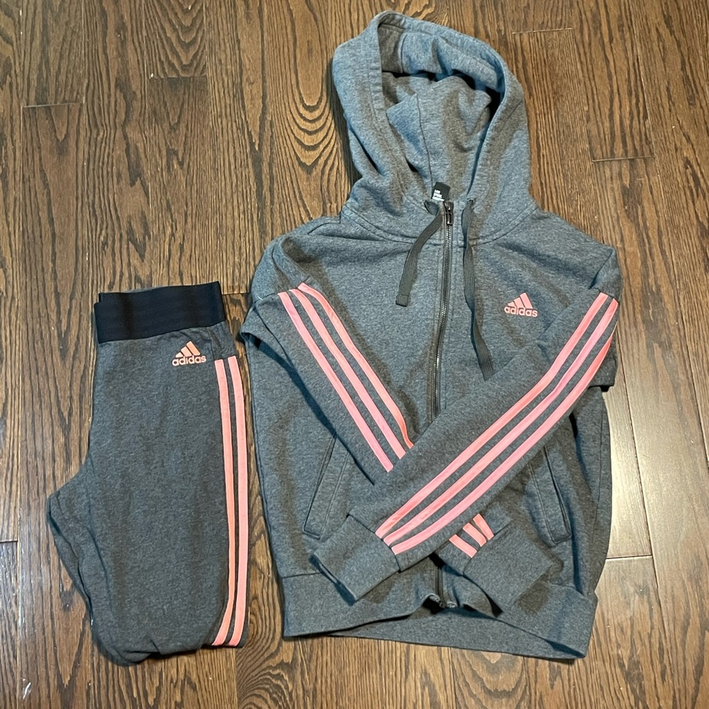 Adidas Pink and Grey Zip Hoodie and Leggings Set
